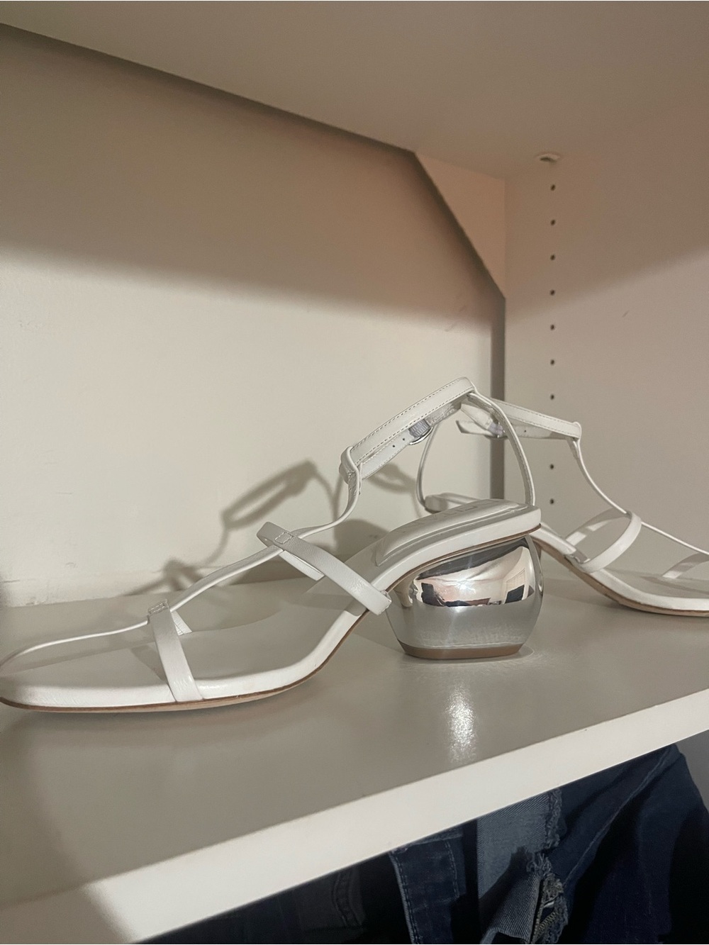 White Strappy Sandals with circular Silver Block Heel